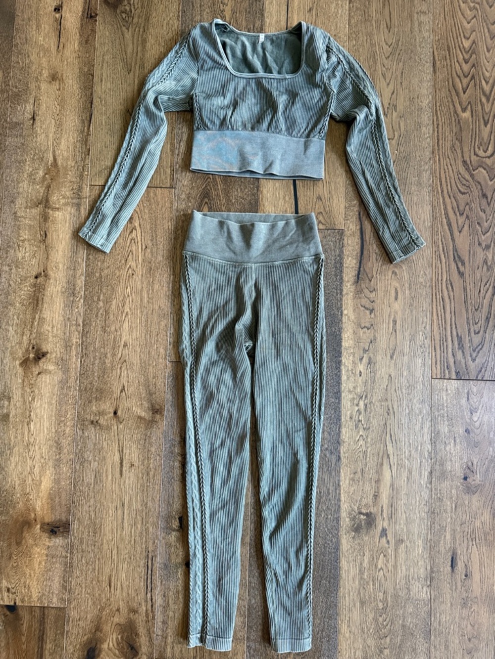 Free People Movement Ribbed Long-Sleeve Crop Top & High-Waist Leggings Set-Olive